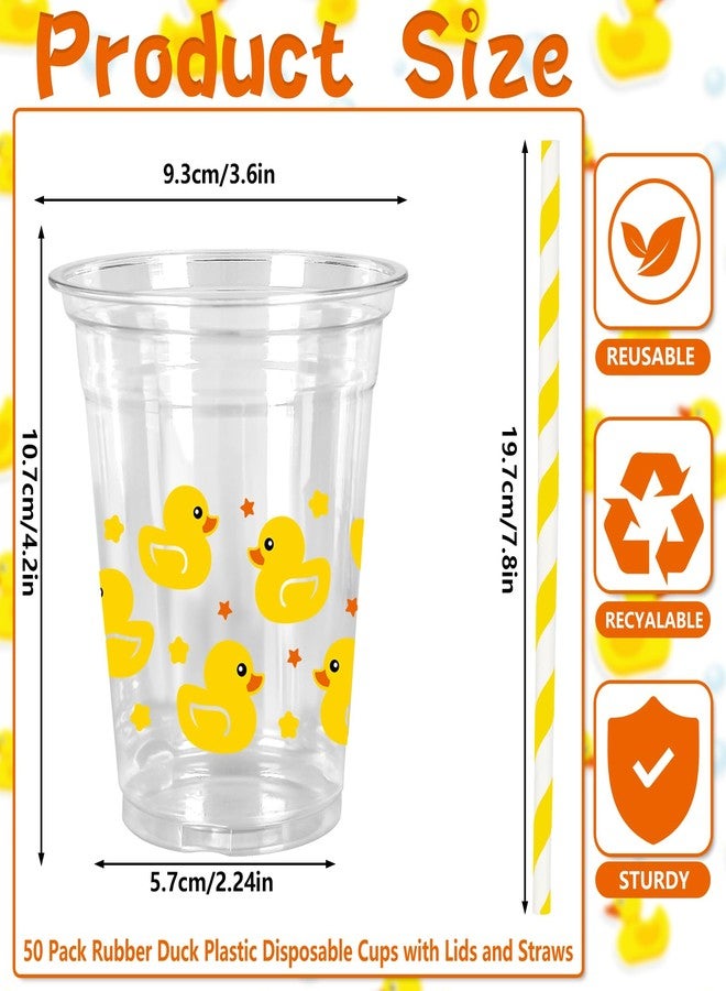 JarThenaAMCS 50Pcs Summer Rubber Duck Plastic Cups with Lids and Straws Cute Duck Clear Plastic Cups 12oz Yellow Disposable Cup for Birthday Baby Shower Party Supplies - Image 2